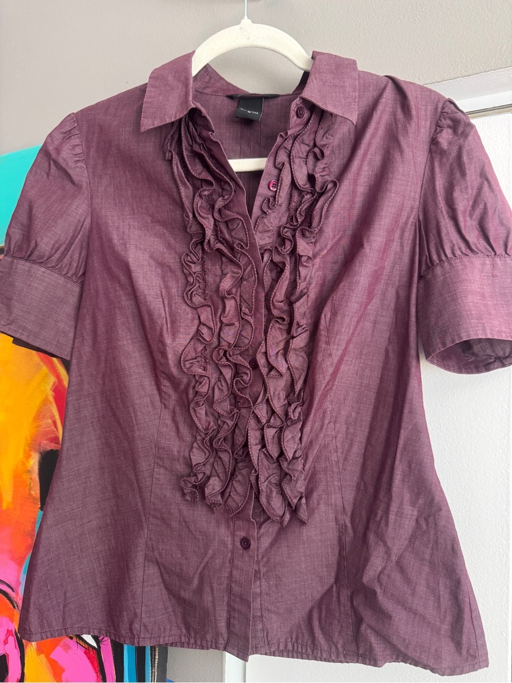 Moda International Plum Ruffle Front Cotton Blouse Medium